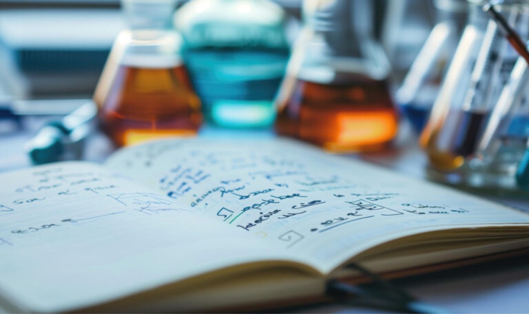 Close up of White Papers and lab beakers in the background