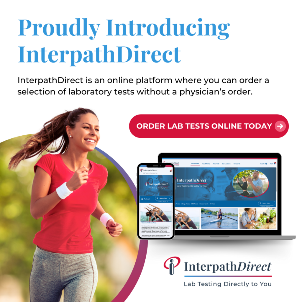 Proudly Introducing InterpathDirect, woman running and image of laptop and phone with website shown on the devices
