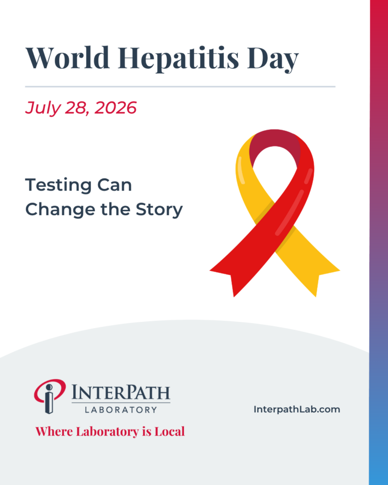 Poster for World Hepatitis Day featuring a red-yellow awareness ribbon, date July 28, 2026, and the slogan 'Testing Can Change the Story' with Interpath Laboratory branding in the bottom area.