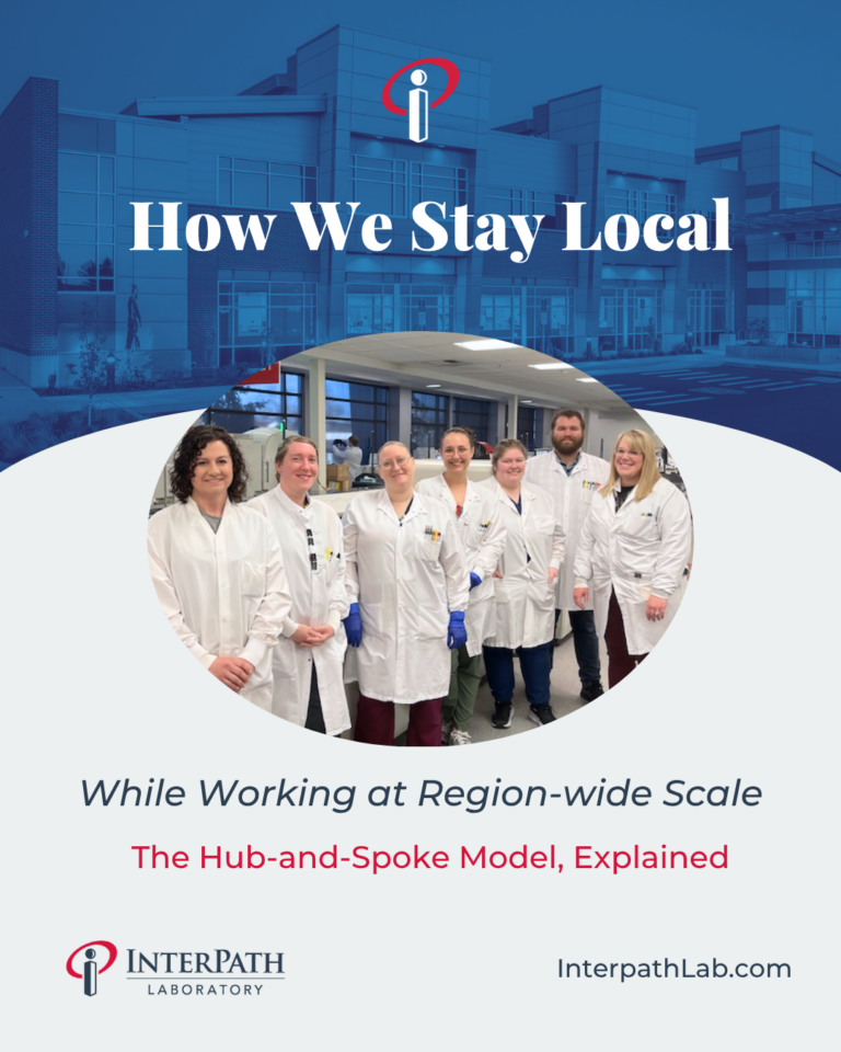 Banner for InterPath Lab article: 'How We Stay Local' with a circular lab-team photo and hub-and-spoke subtitle.